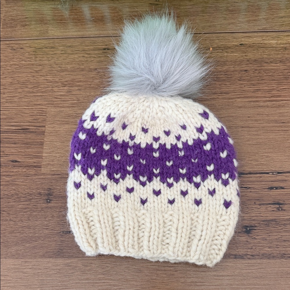 Cozy Cream and Purple Kids Pom-Pom Beanie
